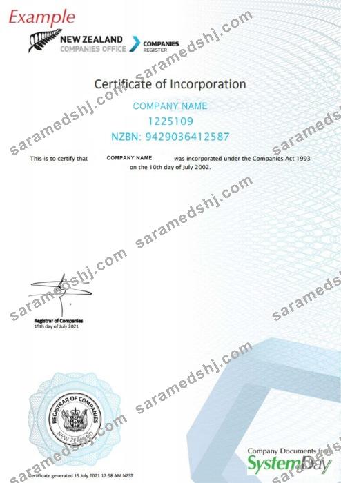 New Zeland Certificate of Registration